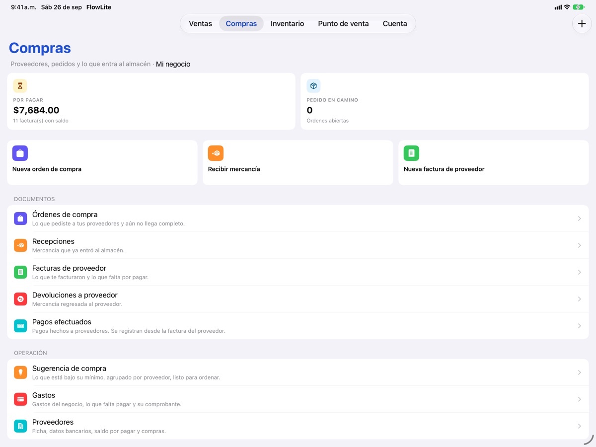 Pantalla Compras de la app FlowNegocio