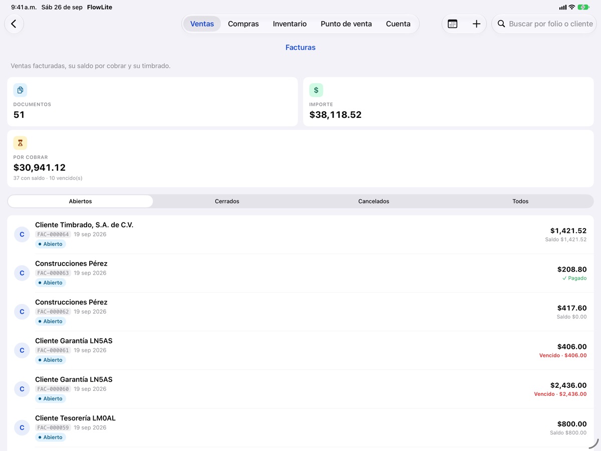 Pantalla Facturas de la app FlowNegocio
