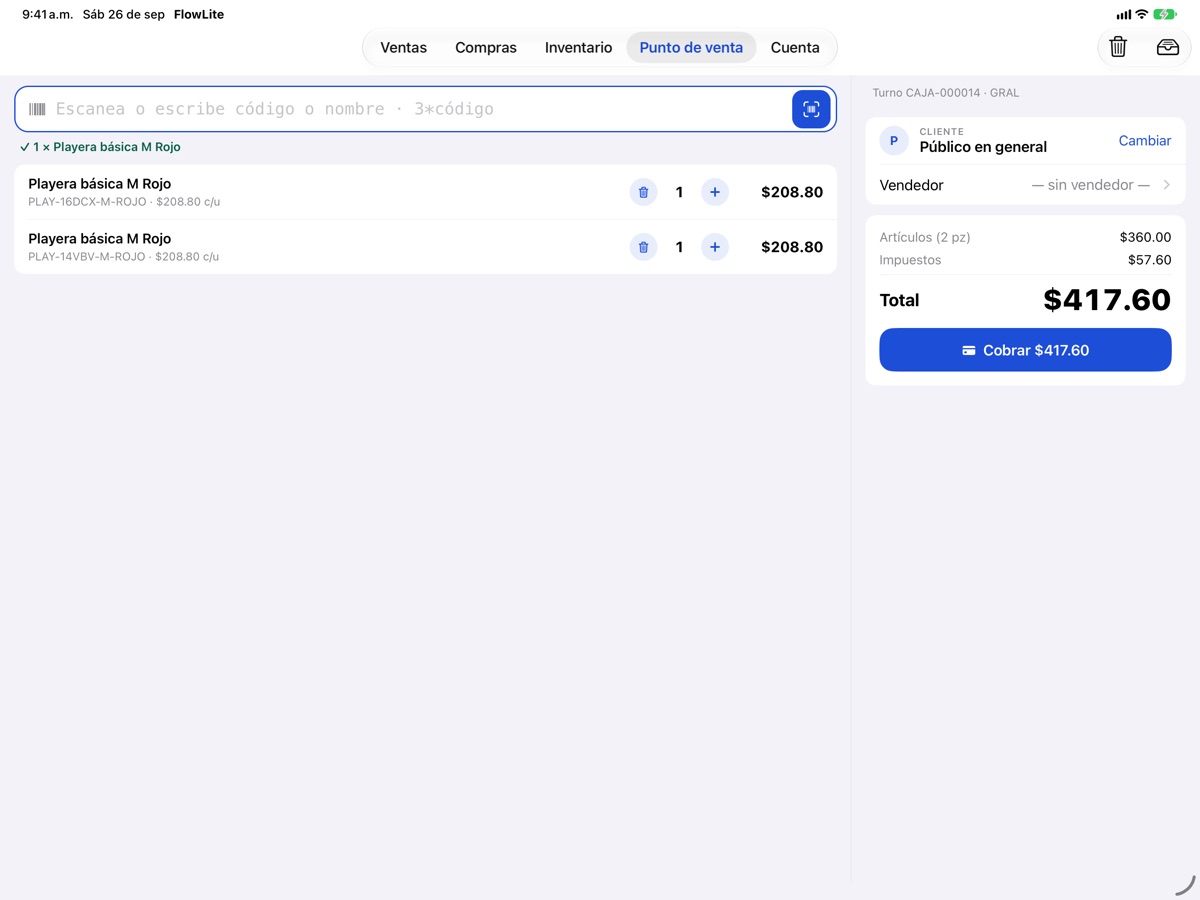 Pantalla Punto de venta de la app FlowNegocio