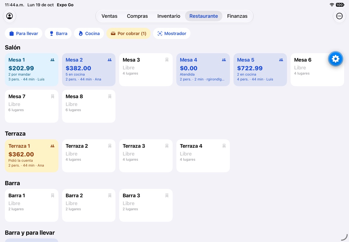 Pantalla Mesas de la app FlowNegocio