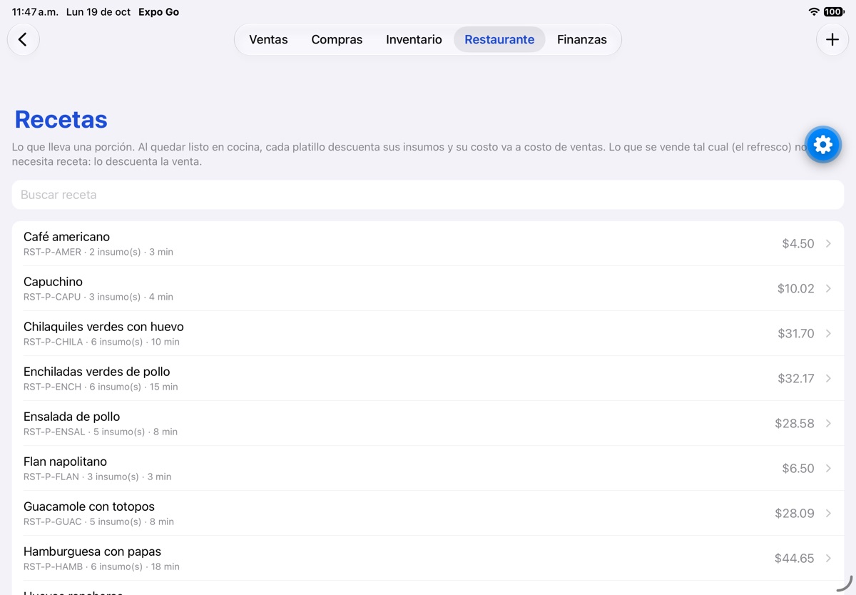 Pantalla Recetas de la app FlowNegocio