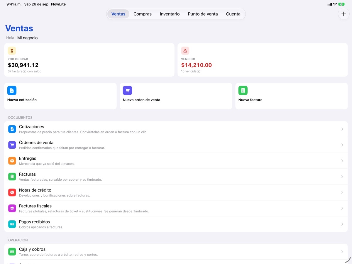 Inicio de Ventas de FlowNegocio en iPad