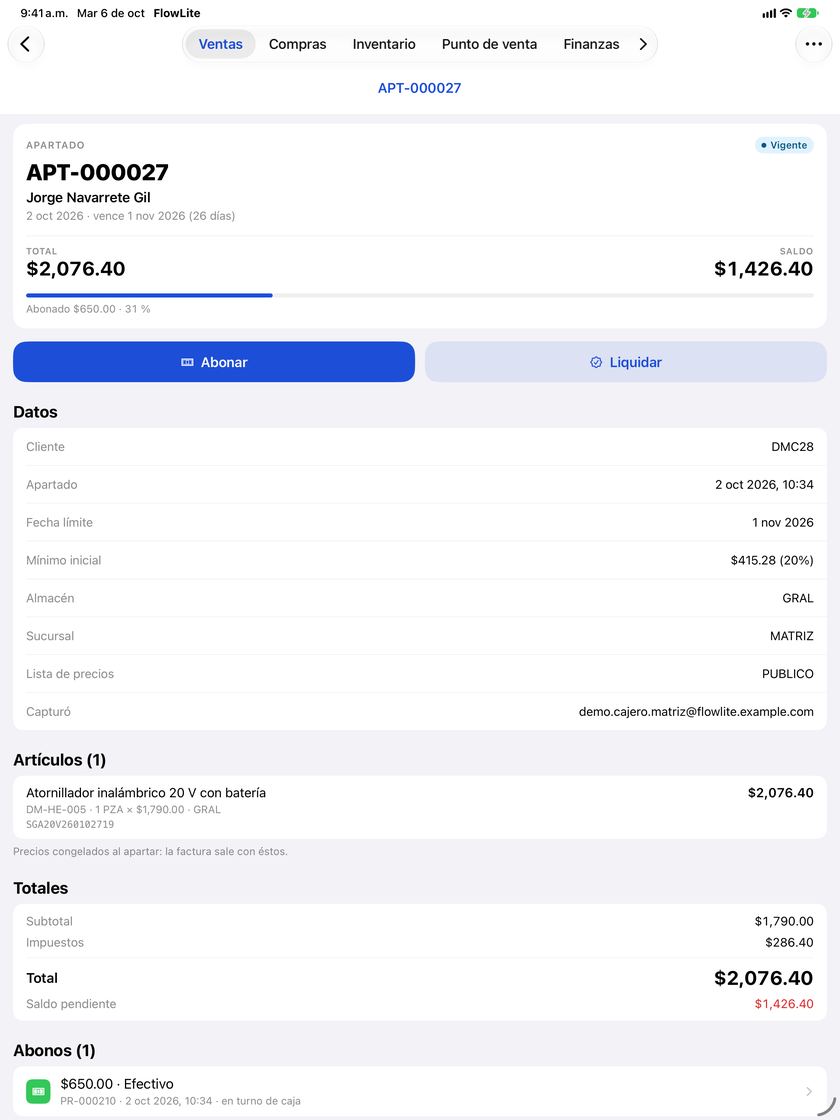 Pantalla Apartado de la app FlowNegocio