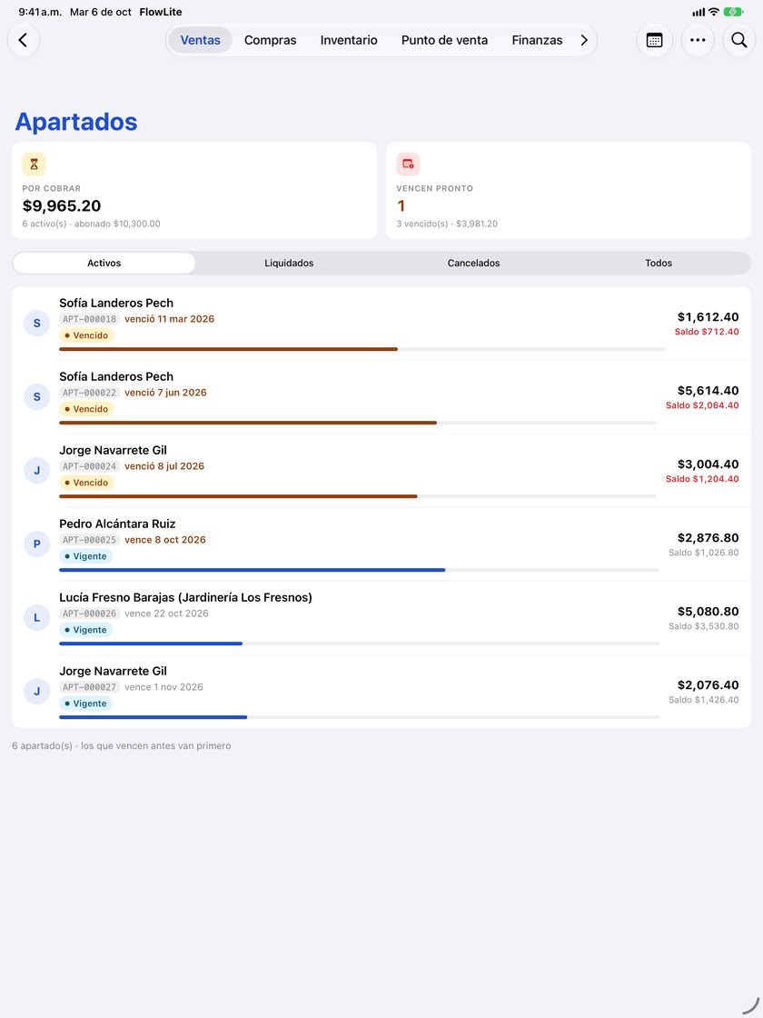 Pantalla Apartados de la app FlowNegocio