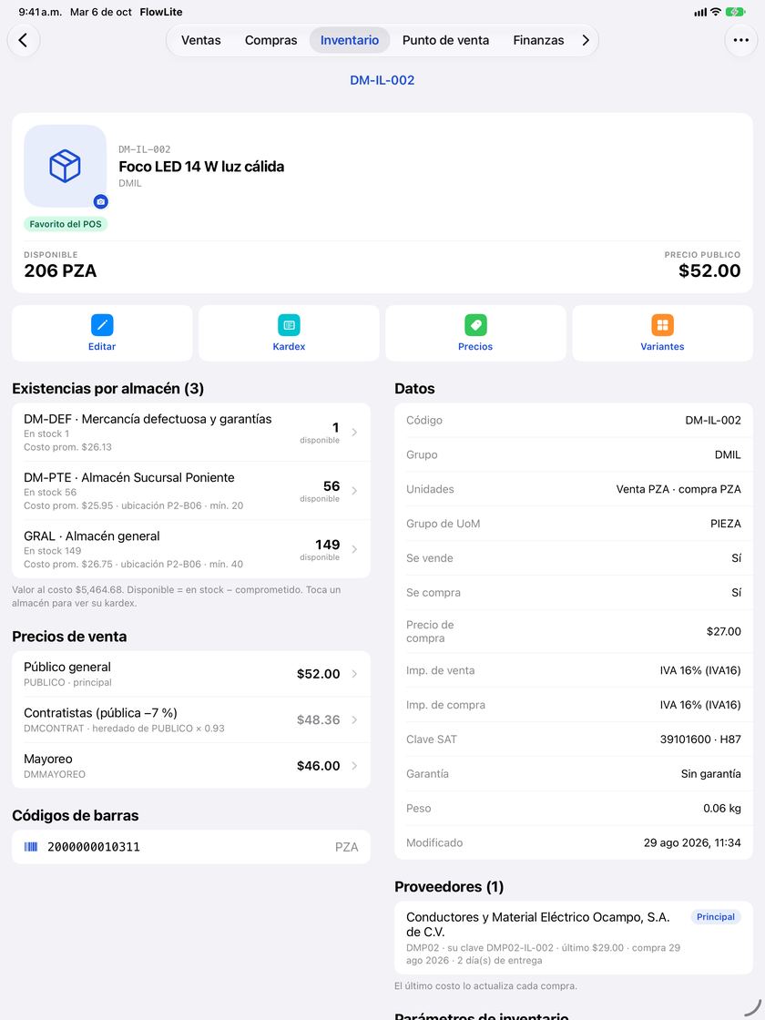 Pantalla Ficha del artículo de la app FlowNegocio