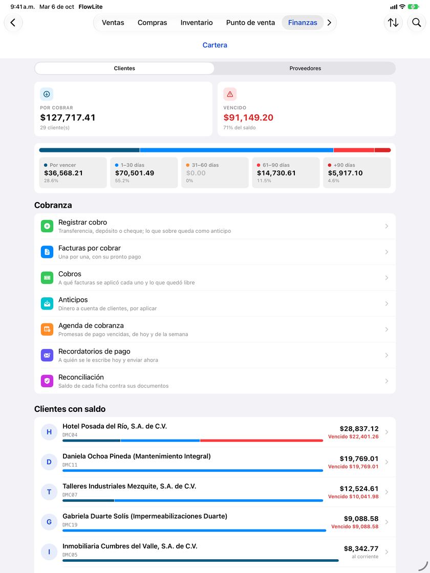 Pantalla Cartera de la app FlowNegocio