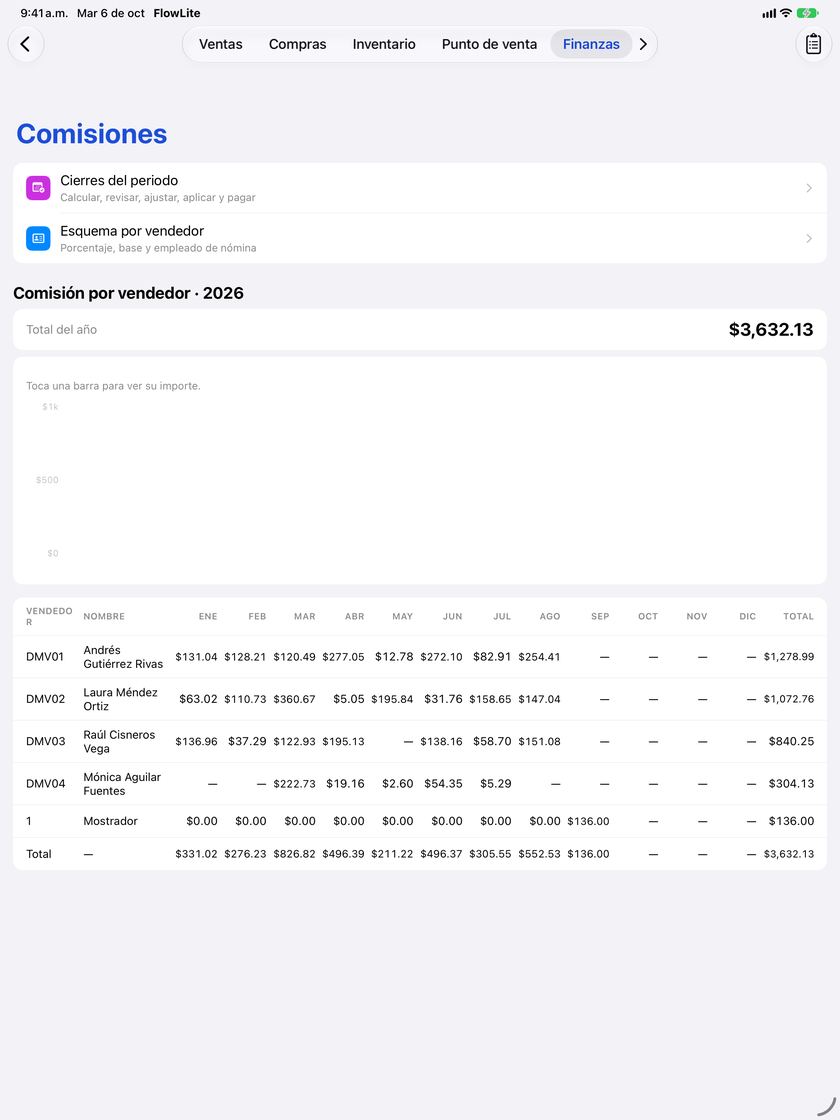 Pantalla Comisiones de la app FlowNegocio