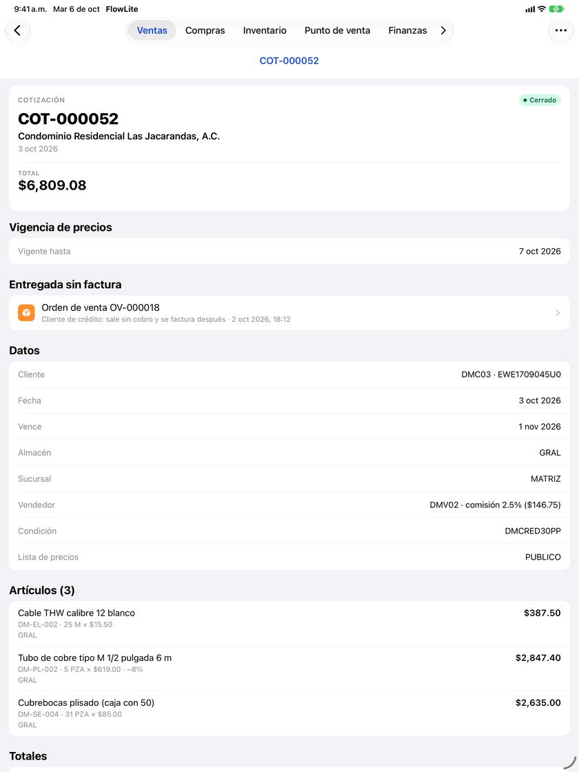 Pantalla Cotización de la app FlowNegocio
