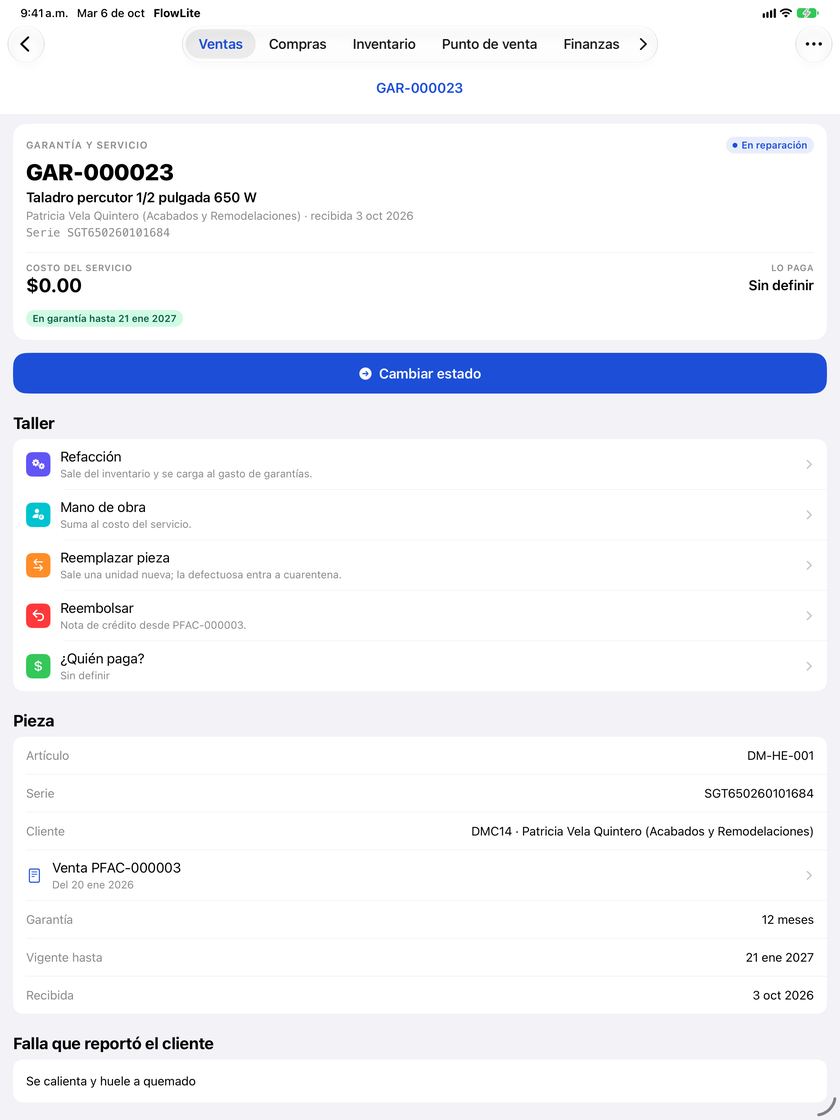 Pantalla Garantía y servicio de la app FlowNegocio