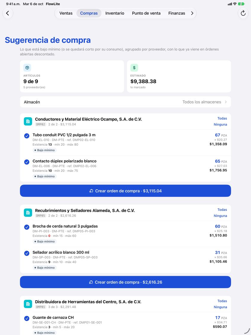 Pantalla Sugerencia de compra de la app FlowNegocio