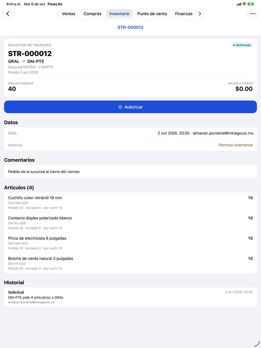 Pantalla Traspaso entre sucursales de la app FlowNegocio