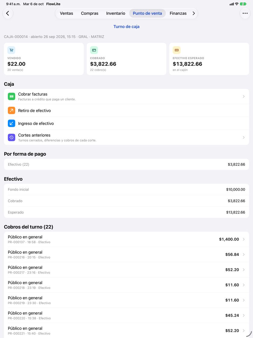 Pantalla Turno de caja de la app FlowNegocio