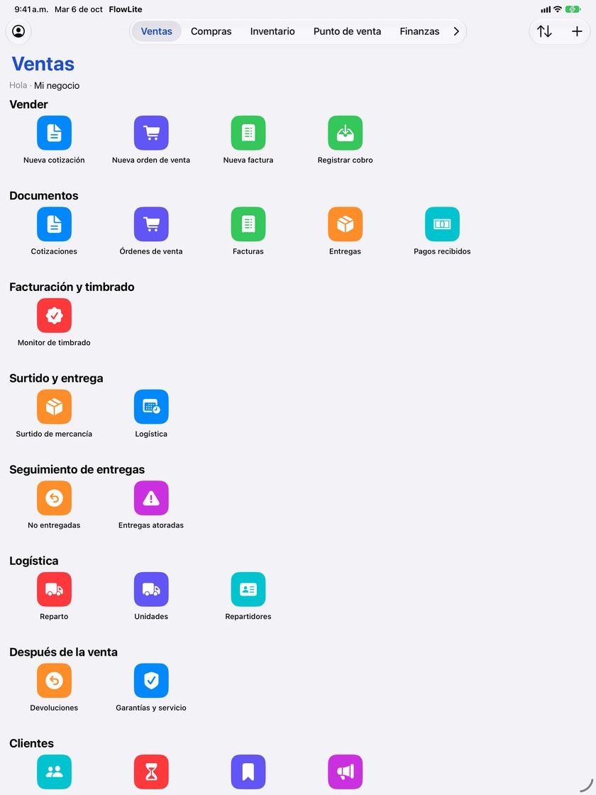 Pantalla Inicio de Ventas de la app FlowNegocio