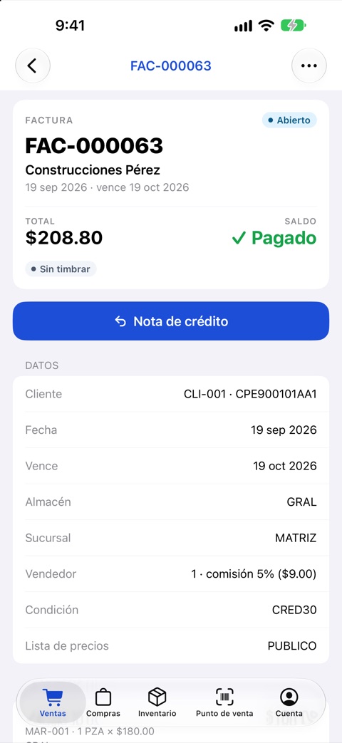 Pantalla Factura en el celular de la app FlowNegocio