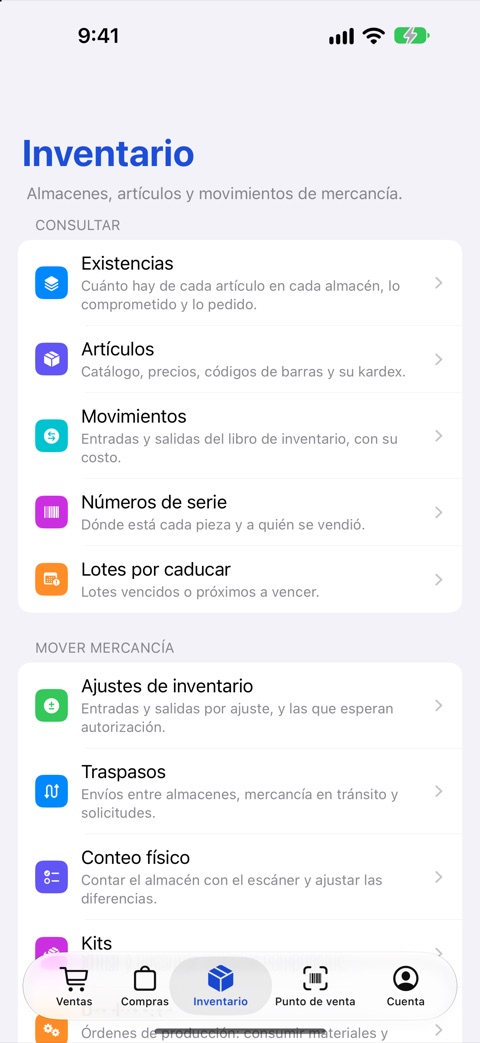 Inventario de FlowNegocio en iPhone