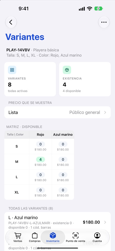Pantalla Variantes en el celular de la app FlowNegocio
